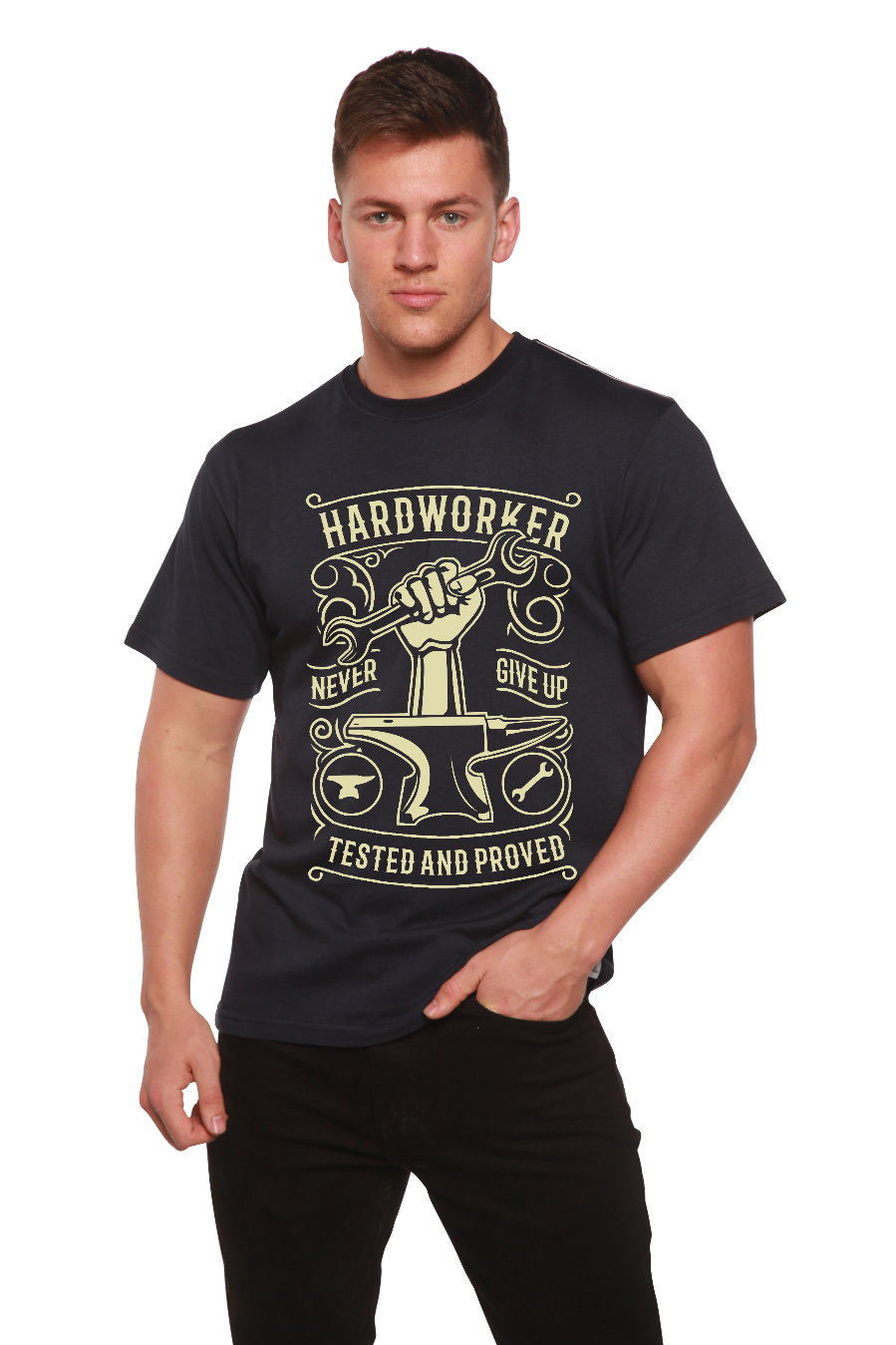 Hard Worker men's bamboo viscose/organic cotton short sleeve graphic T-shirt navy Spun Bamboo on Tampa Home & Garden Store