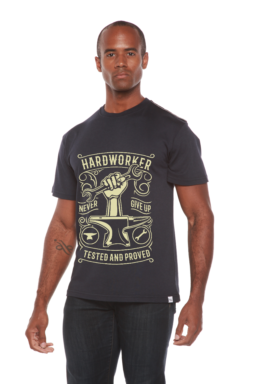 Hard Worker men's bamboo tee, black with beige fist-hammer print by Spun Bamboo on Tampa Home & Garden Store