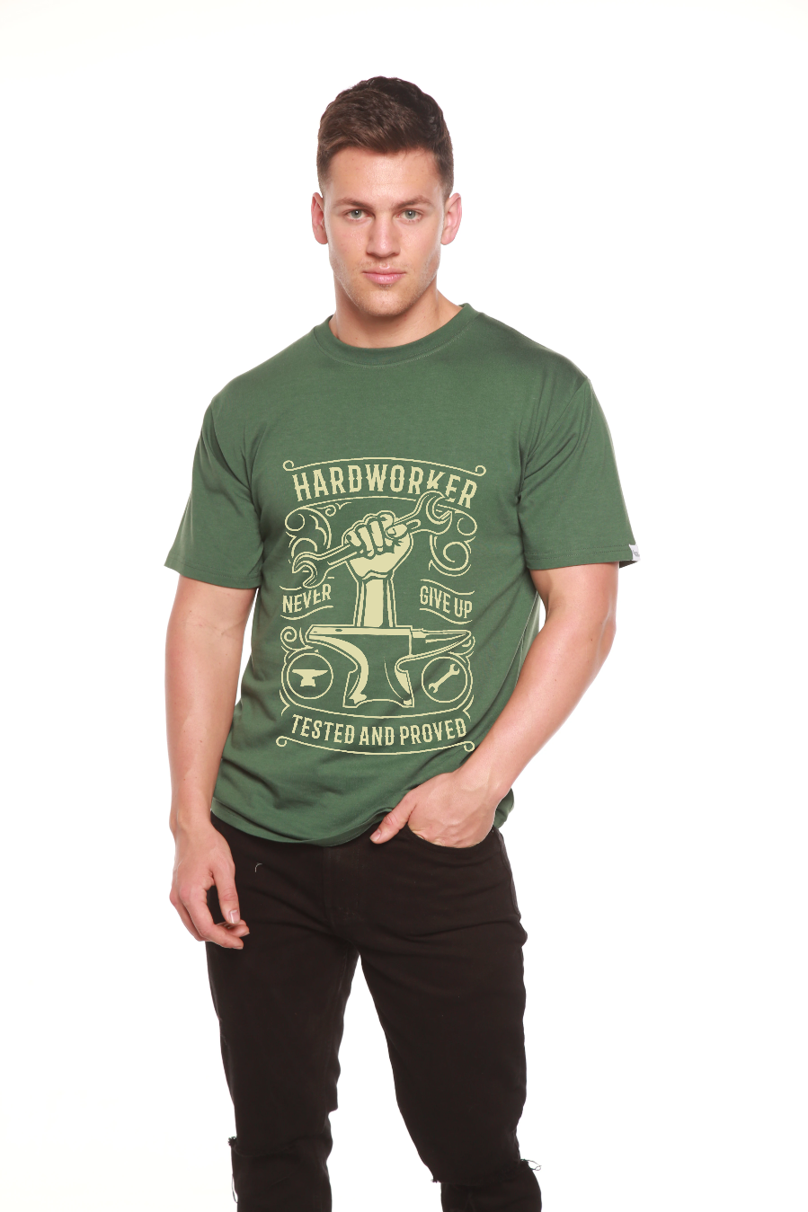 Hard Worker men's bamboo tee in green with cream print by Spun Bamboo on Tampa Home & Garden Store