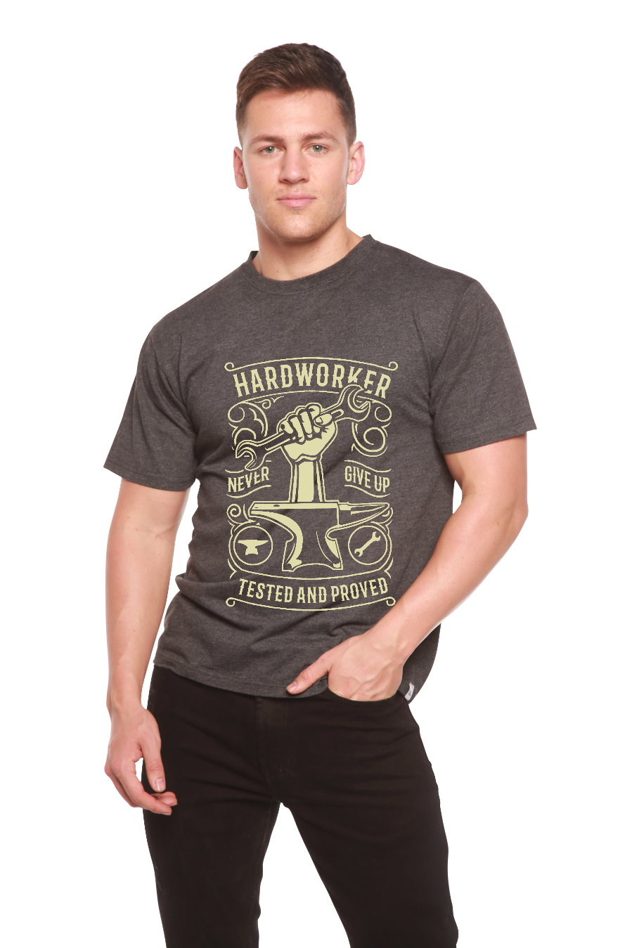 Hard Worker men's bamboo viscose/organic cotton short sleeve graphic T-shirt charcoal heather on Tampa Home & Garden Store