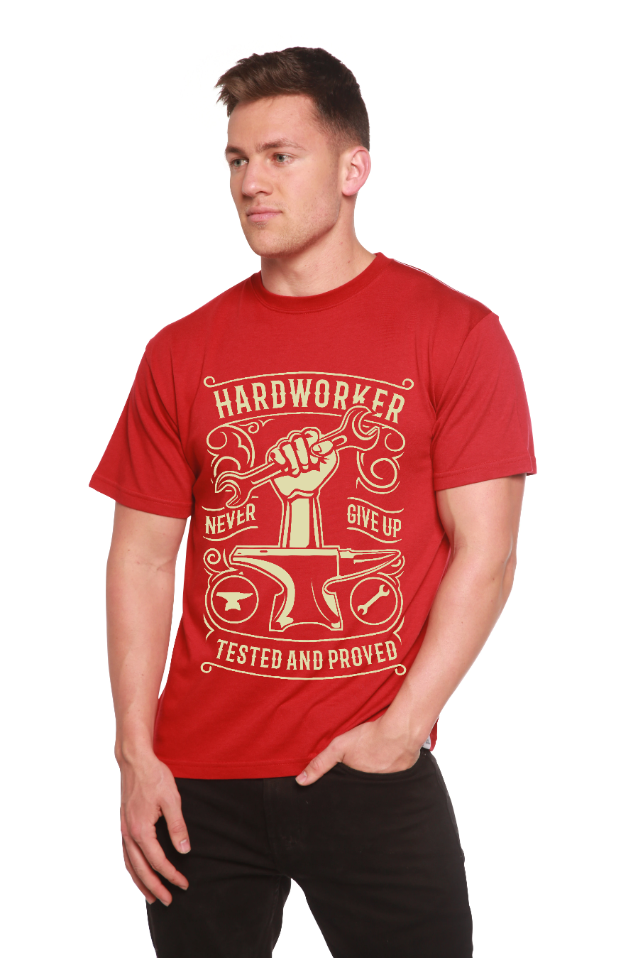 Hard Worker men's red graphic T-shirt Spun Bamboo bamboo viscose/organic cotton short sleeve on Tampa Home & Garden Store