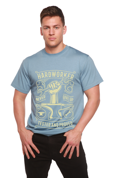 Hard Worker men's blue short sleeve bamboo viscose T-shirt with fist and hammer on Tampa Home & Garden Store