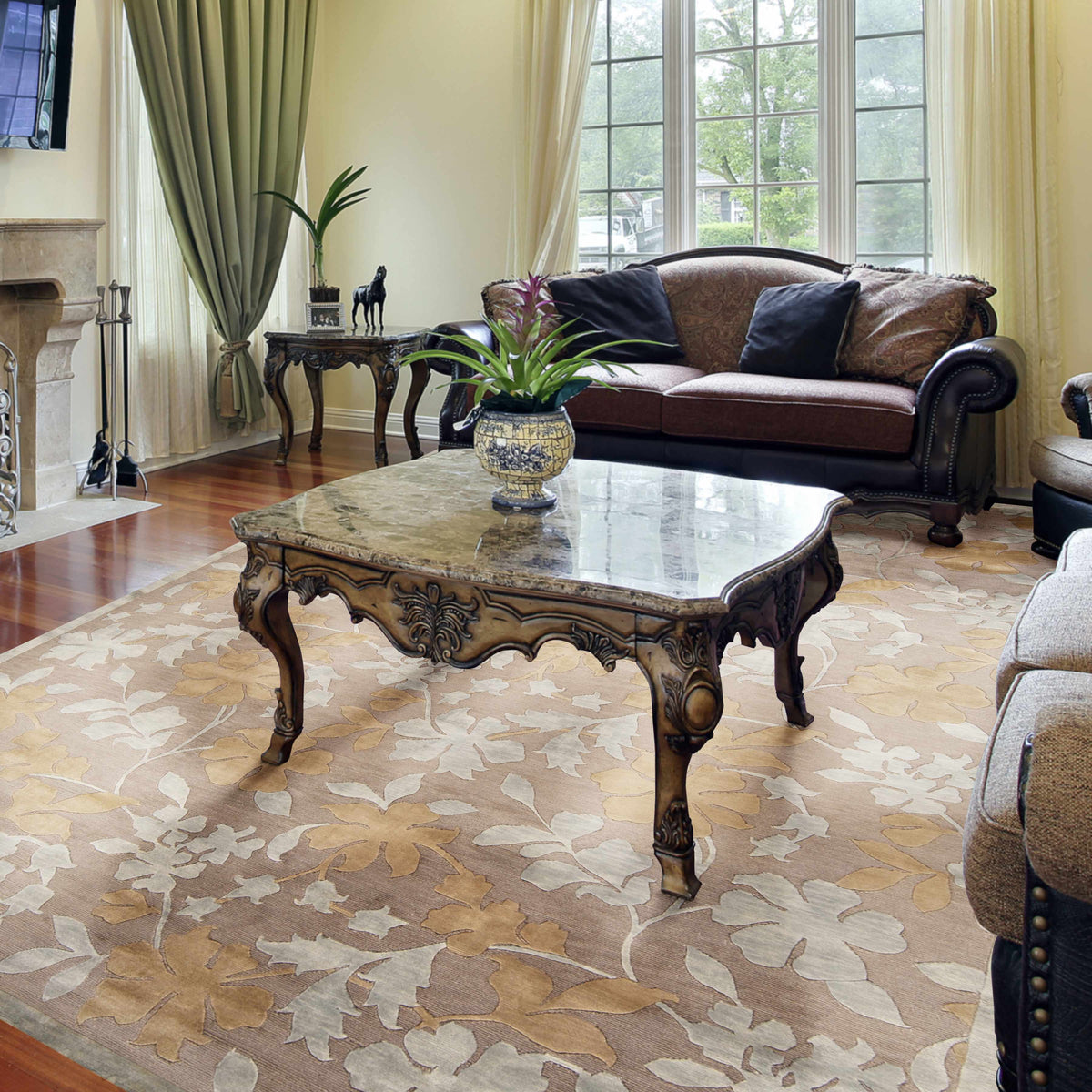 Hardy Area Carpet - Clearance beige leaf-pattern rug from Boutique Rugs in a living room on Tampa Home & Garden Store