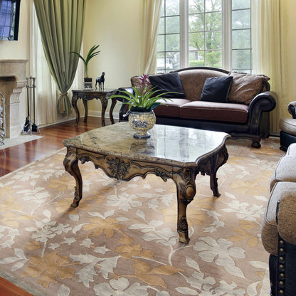 Hardy Area Carpet - Clearance beige leaf-pattern rug from Boutique Rugs in a living room on Tampa Home & Garden Store