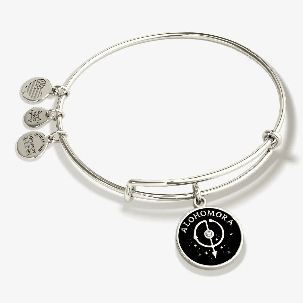 Alex and Ani Harry Potter Alohomora charm bangle bracelet in silver tone with black enamel medallion on Tampa Home & Garden Store