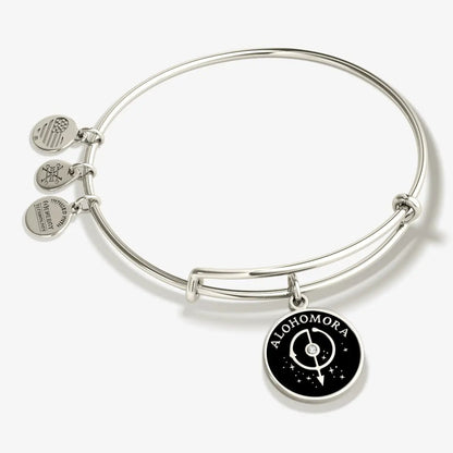 Alex and Ani Harry Potter Alohomora charm bangle bracelet in silver tone with black enamel medallion on Tampa Home & Garden Store