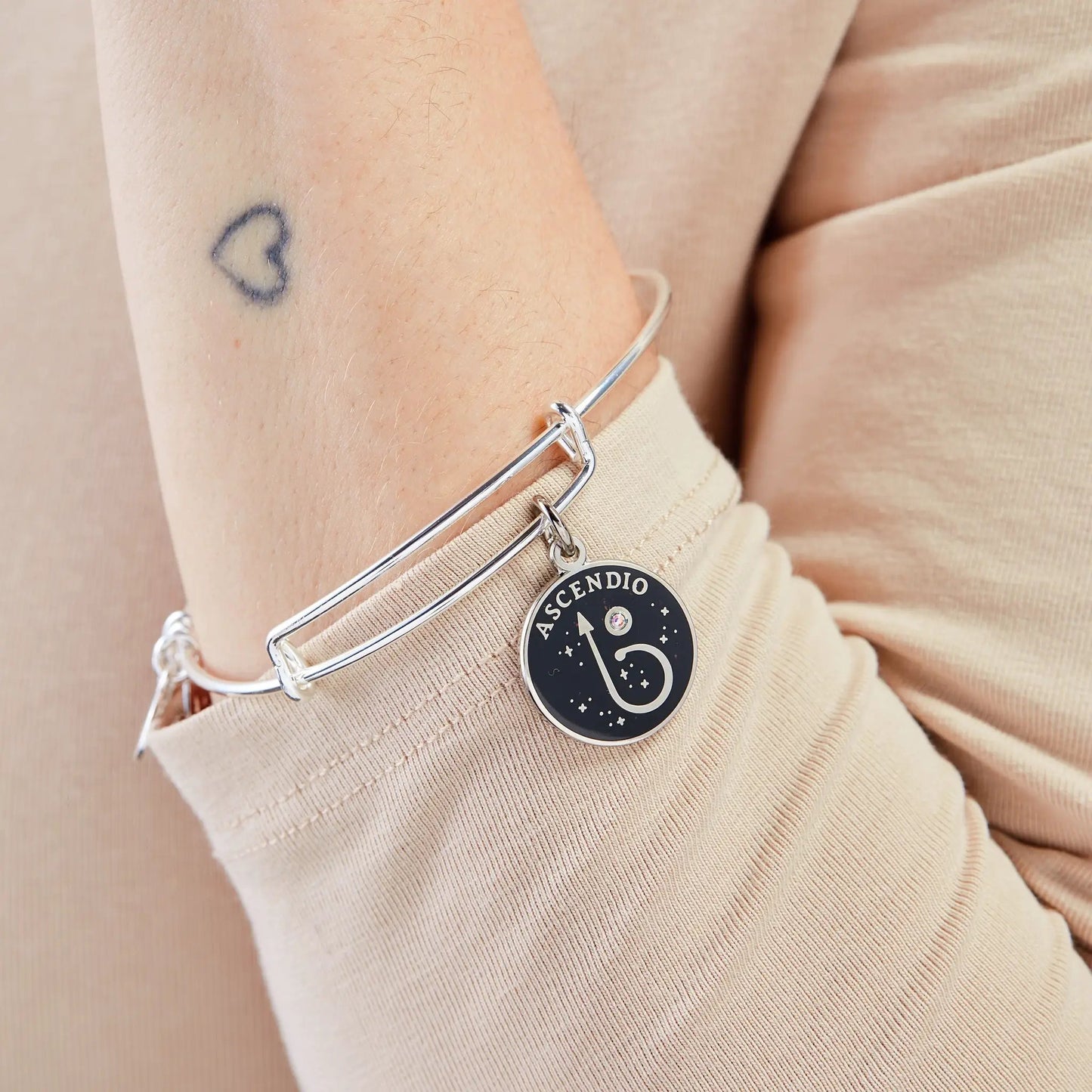Harry Potter Ascendio charm bangle by Alex and Ani with a black round pendant on a silver bracelet on Tampa Home & Garden Store