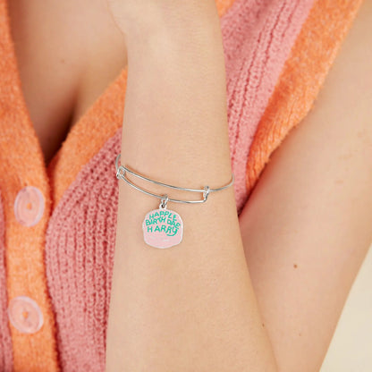 Harry Potter Celebrate Cake Charm Bangle, silver bracelet with pink teal enamel charm on Tampa Home & Garden Store