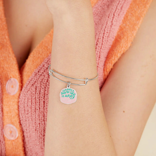 Harry Potter Celebrate Cake Charm Bangle, silver bracelet with pink teal enamel charm on Tampa Home & Garden Store