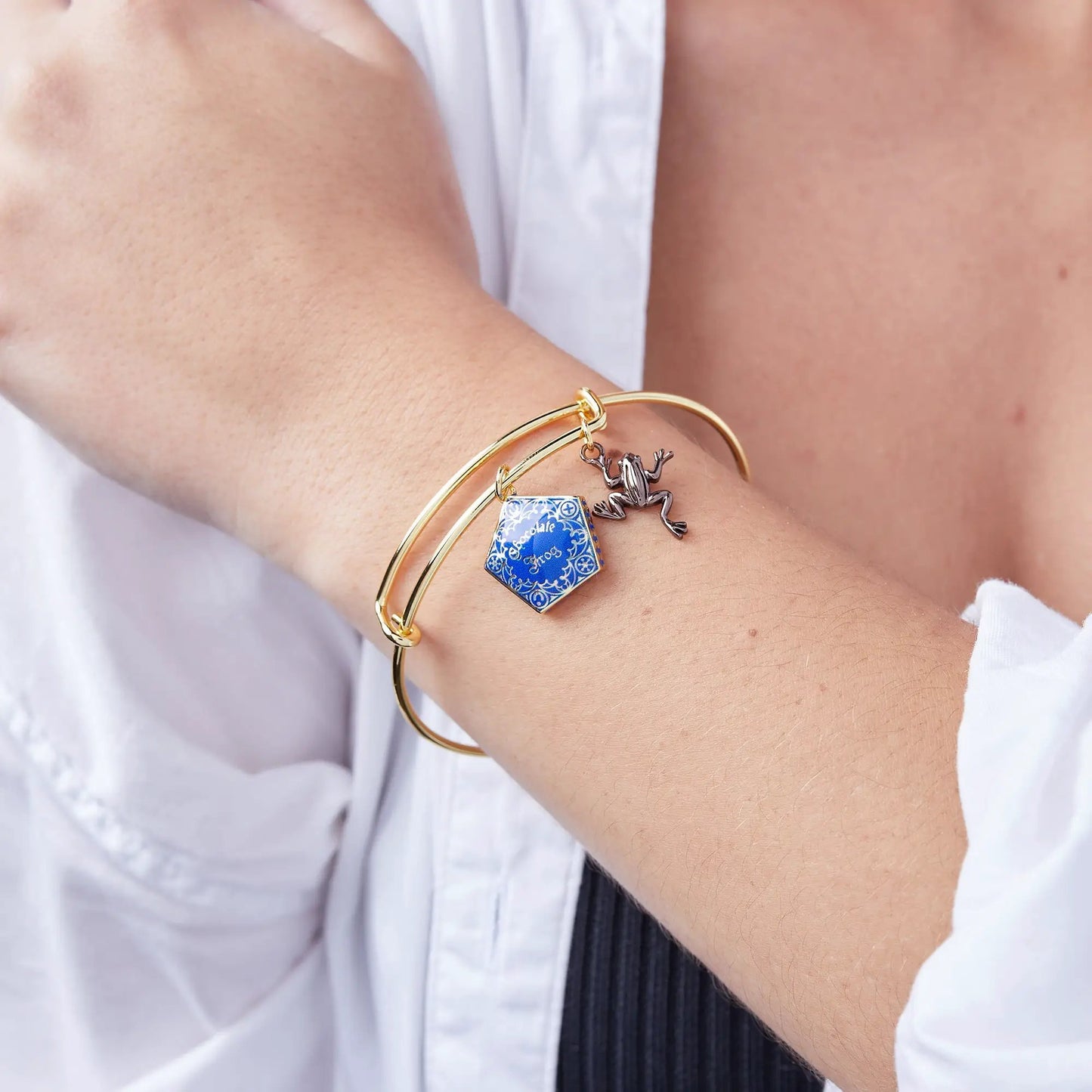 Harry Potter Chocolate Frog Two-Charm Bangle gold-tone with blue hex charm and silver frog on Tampa Home & Garden Store