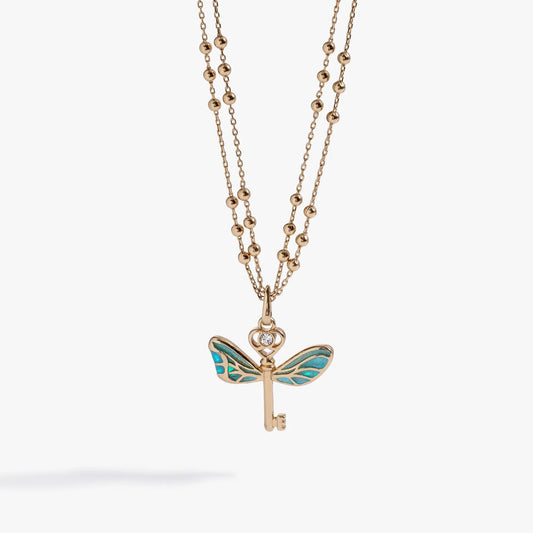 Harry Potter Flying Keys necklace, gold-tone bead chains with turquoise butterfly key pendant on Tampa Home & Garden Store
