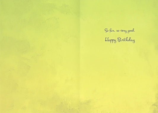 Birthday greeting card lime yellow cover with cursive So far, so very good Happy Birthday text on Tampa Home & Garden Store