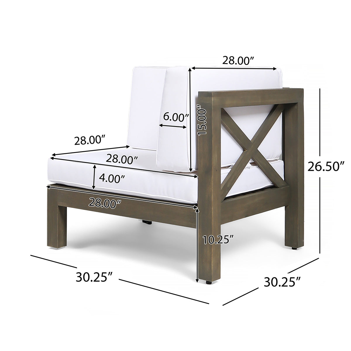 Brava X-Back 2-Seater patio loveseat with coffee table, white cushions, wood frame on Tampa Home & Garden Store