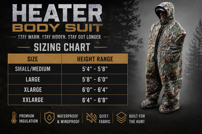 Heater Body Suit AP camo full-body hunting suit by Killz Products with sizing chart on Tampa Home & Garden Store