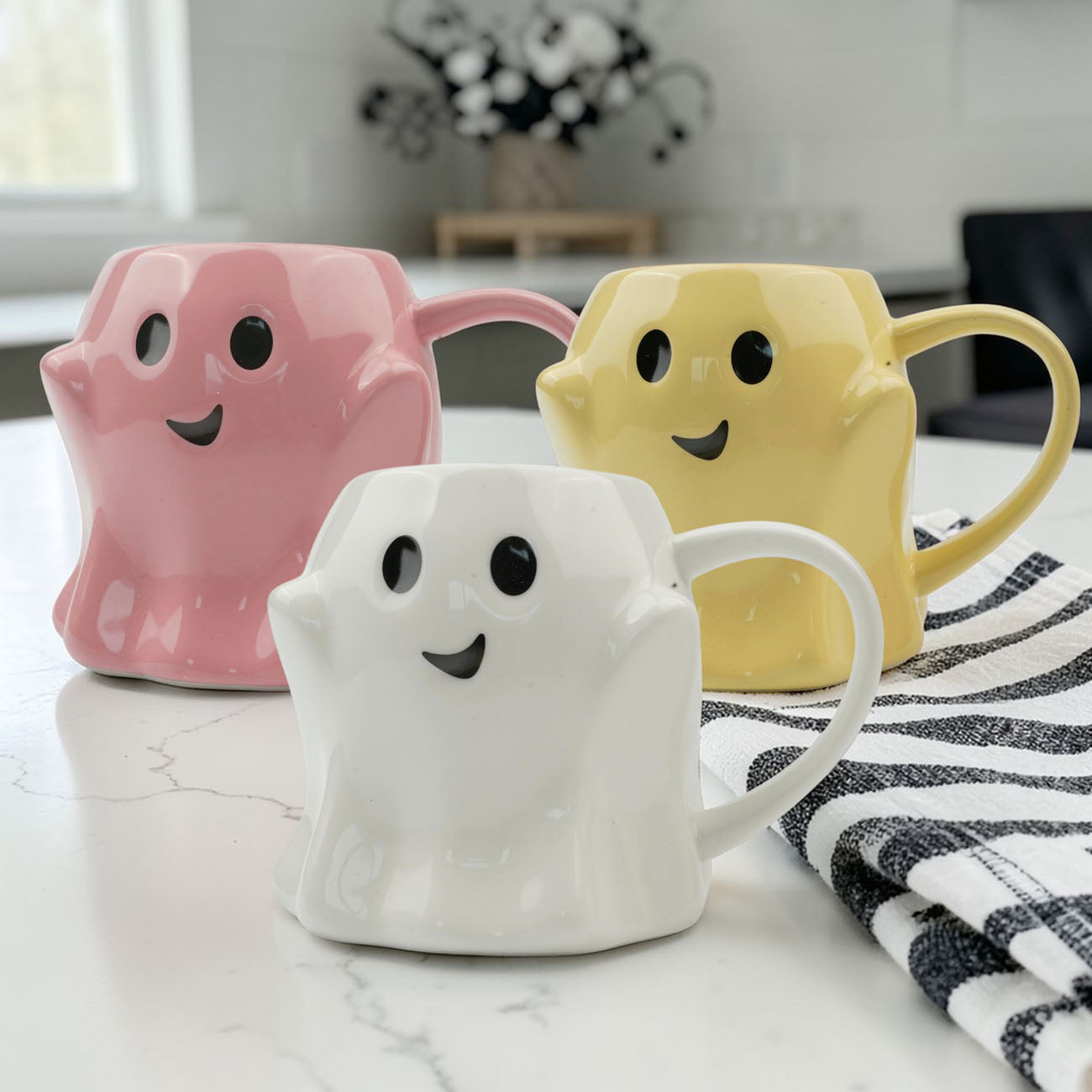 Ghost Mug trio by Gia Roma coffee mug in pink, white, and yellow with cute ghost faces on Tampa Home & Garden Store