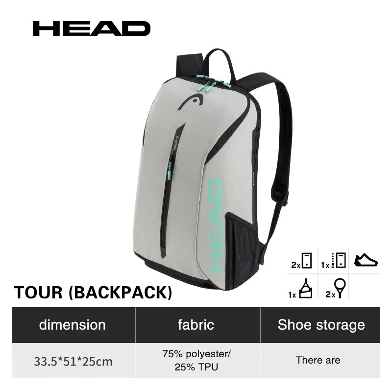 Tennis Racket Backpack 25L gray bag with teal zipper accents HEAD logo visible two-racket gear bag on Tampa Home & Garden Store