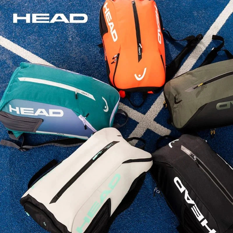 Six HEAD tennis racket backpacks 25L gear bags in teal, white and black on blue court on Tampa Home & Garden Store