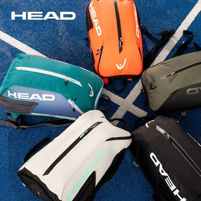 Six HEAD tennis racket backpacks 25L gear bags in teal, white and black on blue court on Tampa Home & Garden Store
