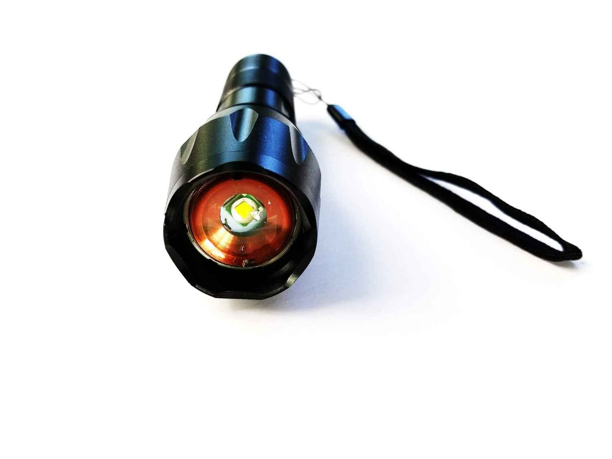 THEUS Rechargeable Flashlight Kit, black aluminum body with red bezel, wrist strap on Tampa Home & Garden Store