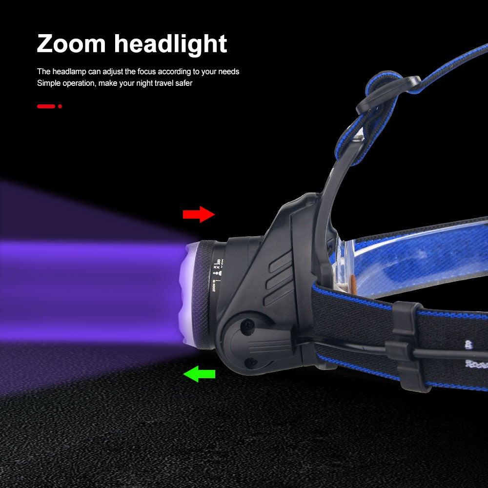 Stevvex USB LED headlamp flashlight, waterproof zoomable headlight with green/red/UV light on Tampa Home & Garden Store