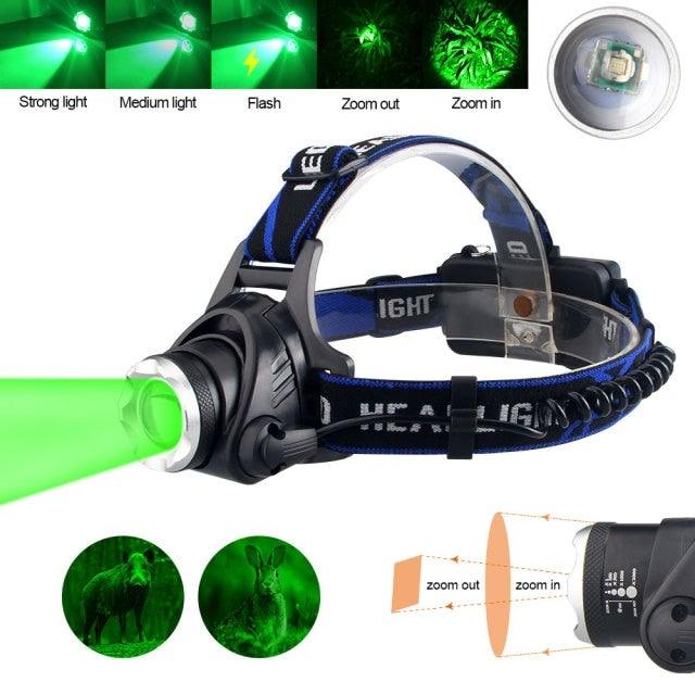 Stevvex USB rechargeable headlamp flashlight with blue strap, green beam, zoomable waterproof LED on Tampa Home & Garden Store