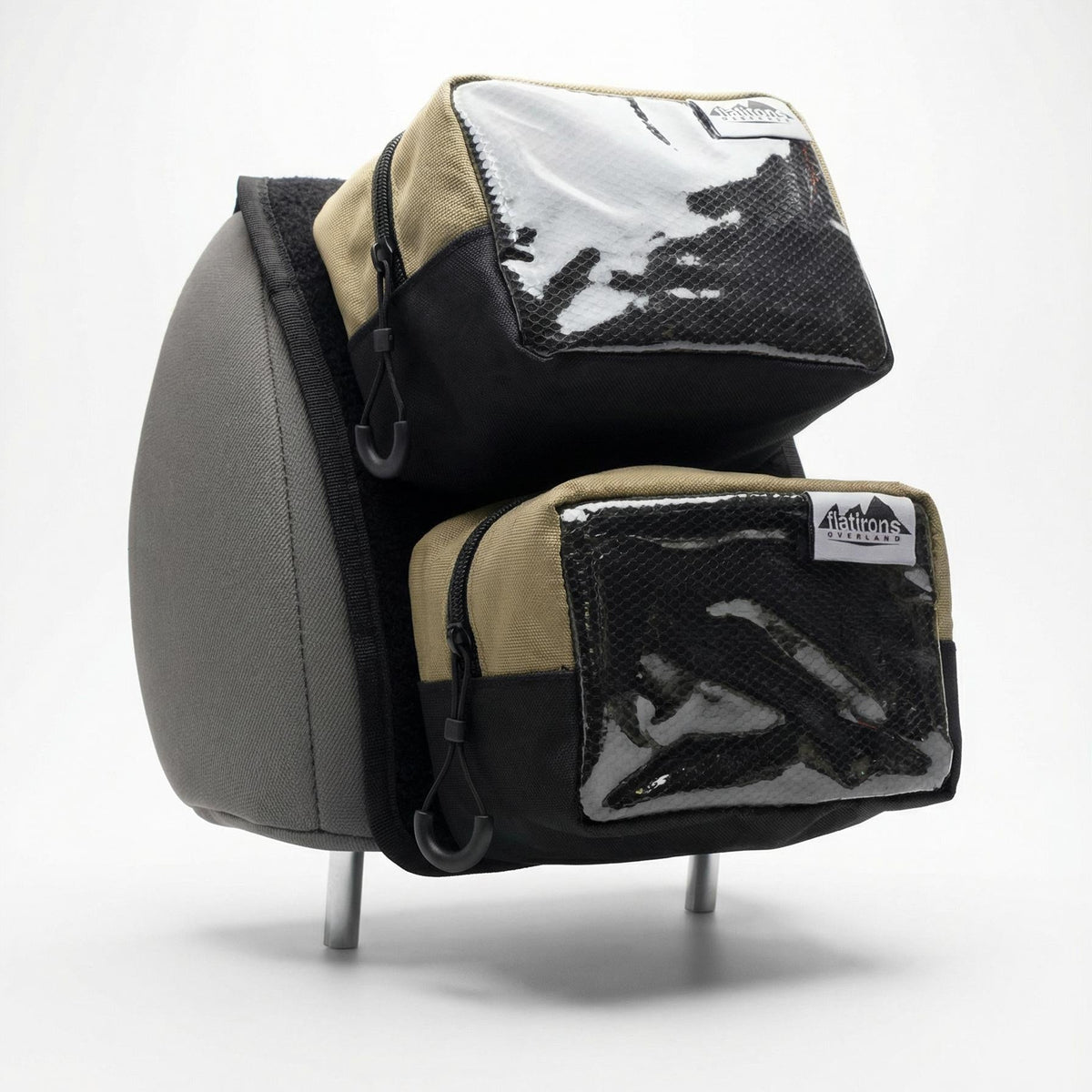 RiPouch Headrest Organizer in tan and black with mesh pockets on car seat headrest Flatirons Overland on Tampa Home & Garden Store
