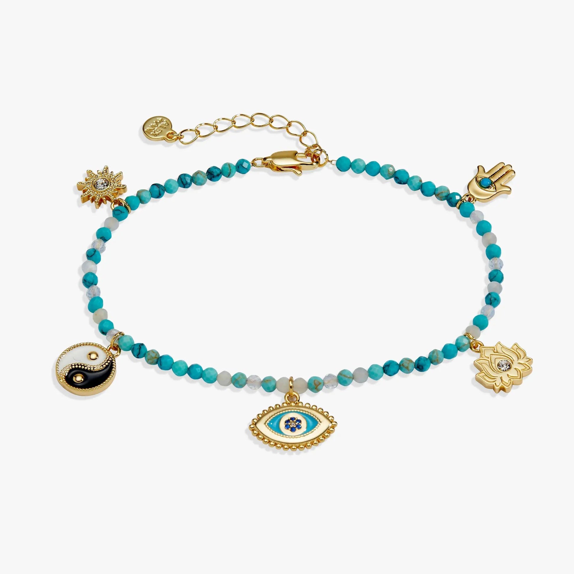 Healing Stone Anklet turquoise beads gold sun Hamsa charms lobster clasp on Tampa Home & Garden Store on Tampa Home & Garden Store