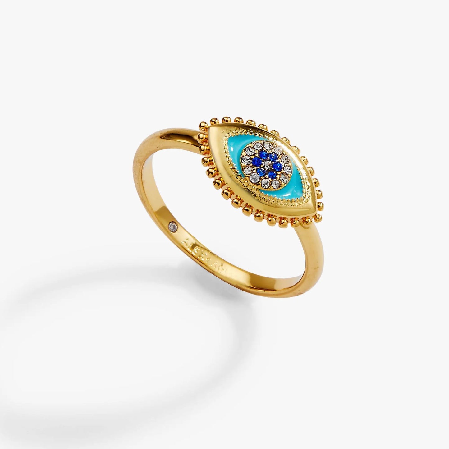 Alex and Ani Healing Stone Evil Eye Ring with turquoise enamel and pavé stones on gold-tone band on Tampa Home & Garden Store