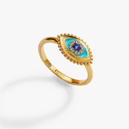 Alex and Ani Healing Stone Evil Eye Ring with turquoise enamel and pavé stones on gold-tone band on Tampa Home & Garden Store