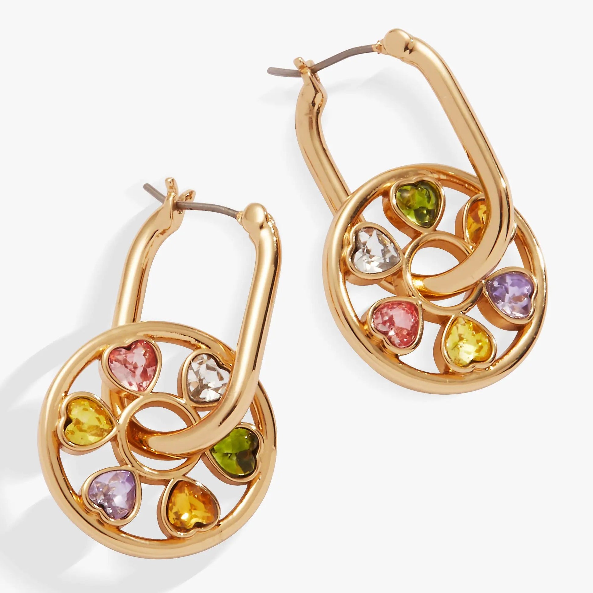 Heart Crystal Wheel Hoop Earrings pair in rose-gold metal with multicolored crystals on Tampa Home & Garden Store
