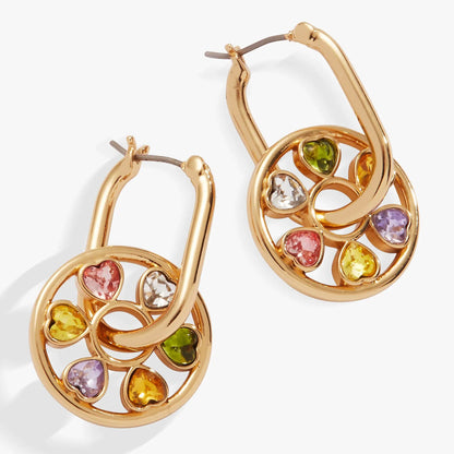 Heart Crystal Wheel Hoop Earrings pair in rose-gold metal with multicolored crystals on Tampa Home & Garden Store