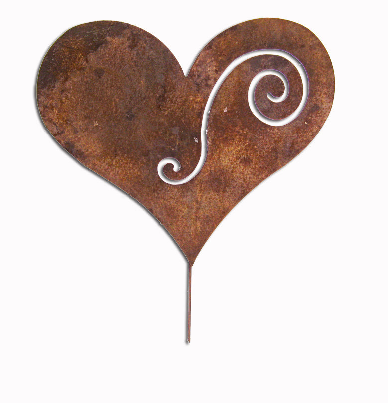 Heart metal plant stake with rusty finish and white scroll accent for outdoor decor on Tampa Home & Garden Store