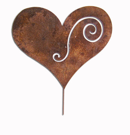 Heart metal plant stake with rusty finish and white scroll accent for outdoor decor on Tampa Home & Garden Store