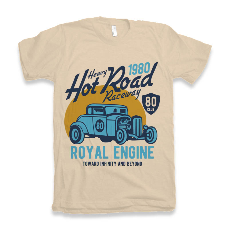 Heavy Hot Road men's printed T-shirt beige with blue vintage racecar graphic by Spun Bamboo on Tampa Home & Garden Store