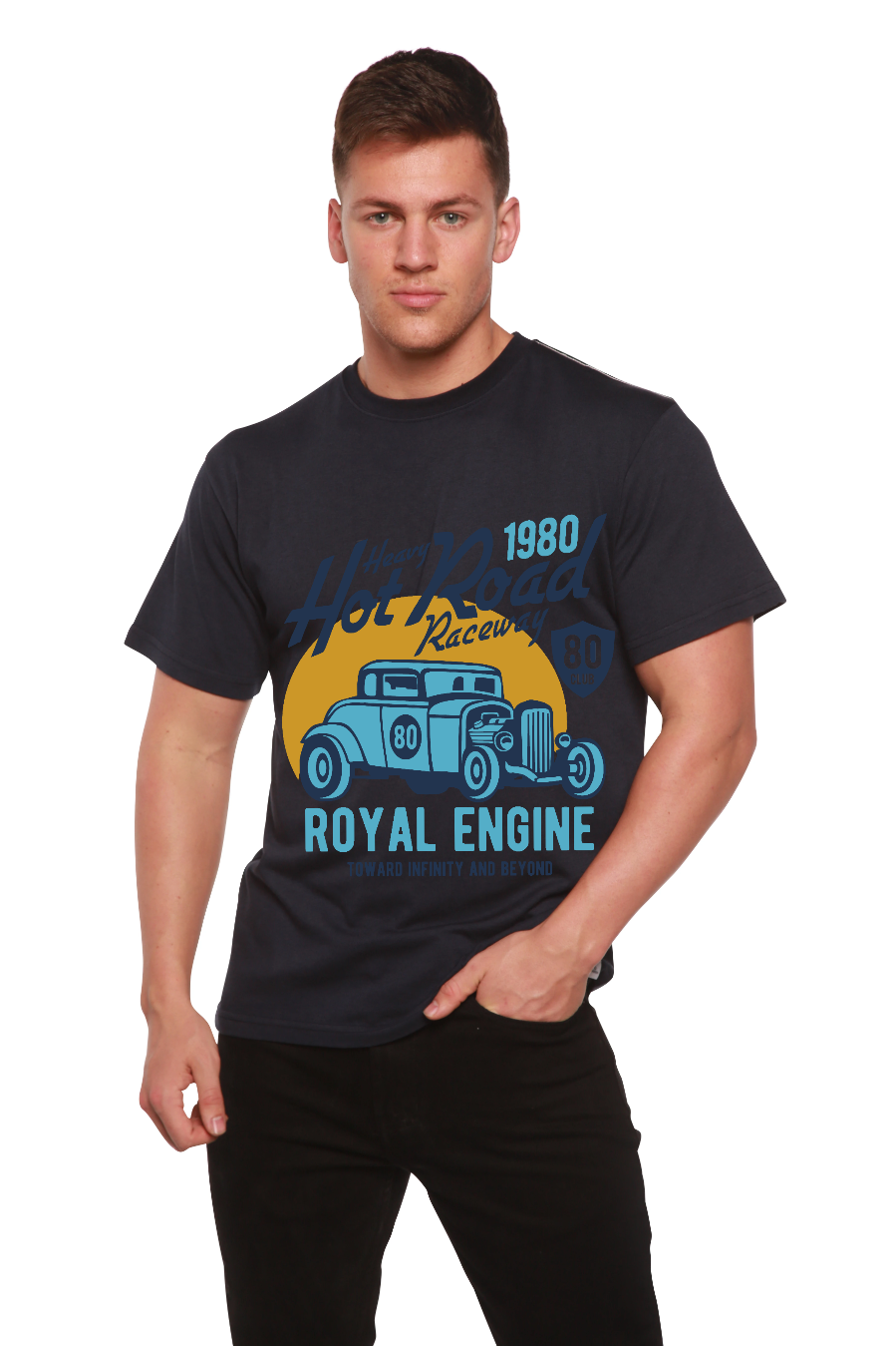Heavy Hot Road bamboo viscose organic cotton graphic tee black with blue car print Spun Bamboo on Tampa Home & Garden Store