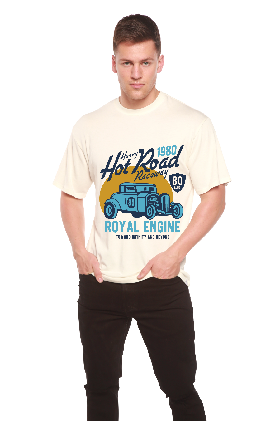 Men's graphic T-shirt white with blue racecar print by Spun Bamboo on Tampa Home & Garden Store