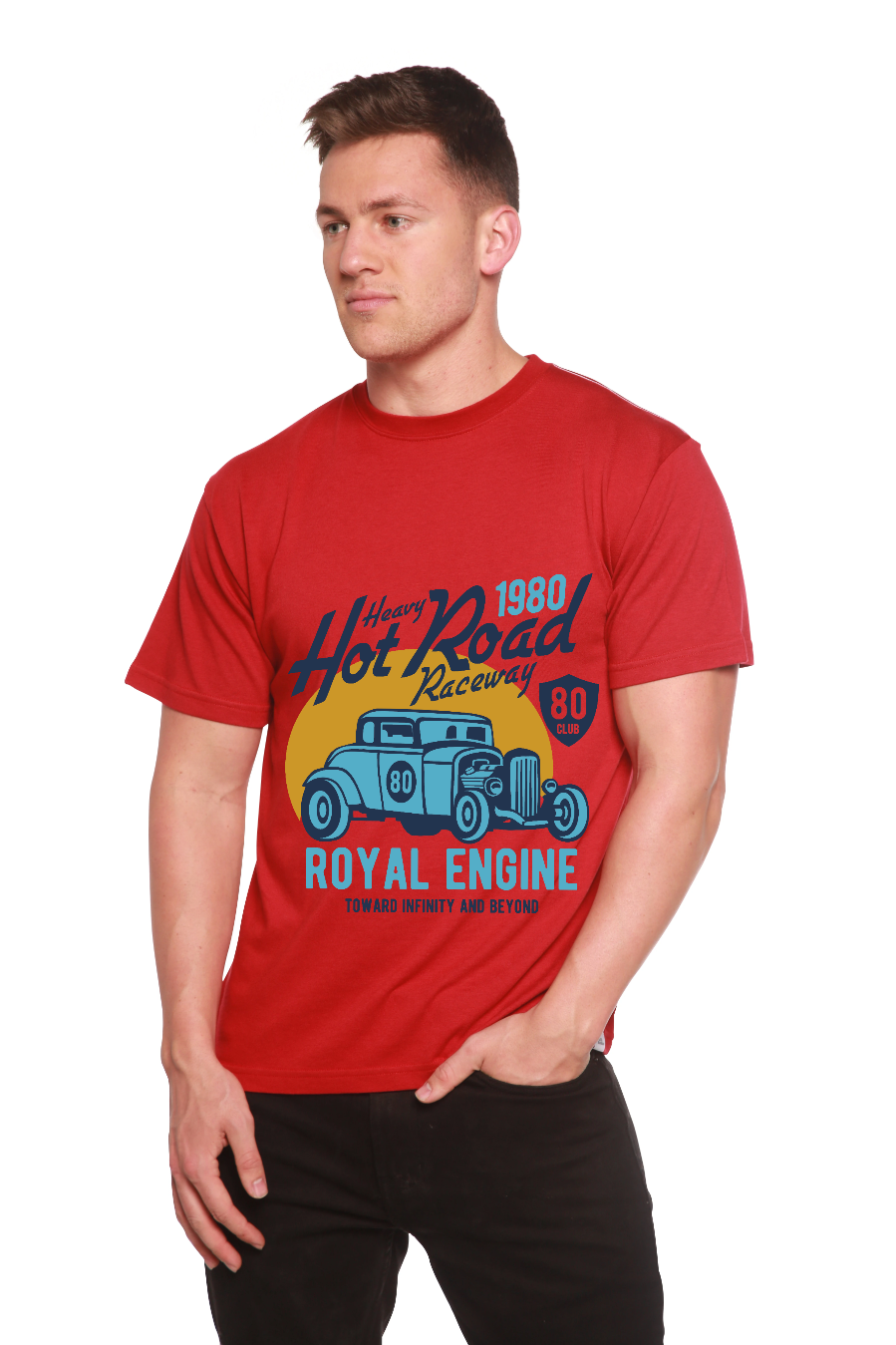 Heavy Hot Road men's red short sleeve graphic T-shirt with blue car print by Spun Bamboo on Tampa Home & Garden Store
