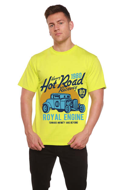 Spun Bamboo Heavy Hot Road men's neon yellow graphic tee with blue vintage car print on Tampa Home & Garden Store