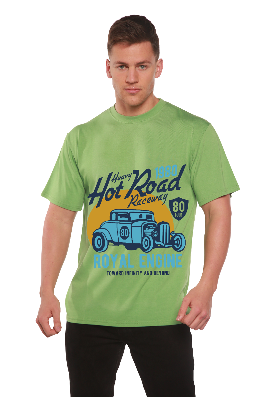 Heavy Hot Road men's printed graphic tee lime green with vintage racecar by Spun Bamboo on Tampa Home & Garden Store