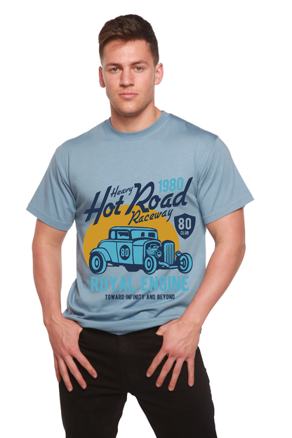 Heavy Hot Road men's graphic T-shirt in light blue with vintage car print and 80 Club badge on Tampa Home & Garden Store