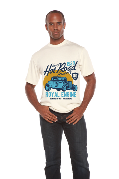 Heavy Hot Road men's Spun Bamboo graphic T-shirt in cream with blue car print on Tampa Home & Garden Store