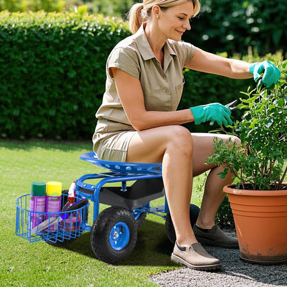 Carro de Jardín Resistente con Bandeja para Herramientas y Asiento Giratorio 360°-Azul