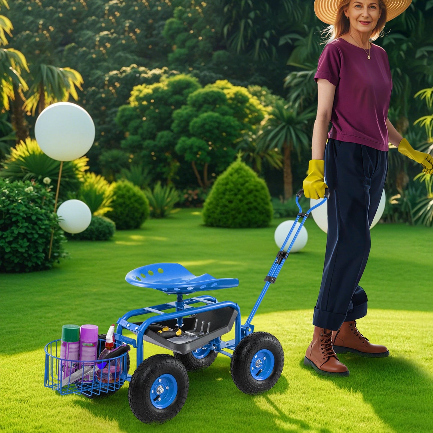 Carro de Jardín Resistente con Bandeja para Herramientas y Asiento Giratorio 360°-Azul