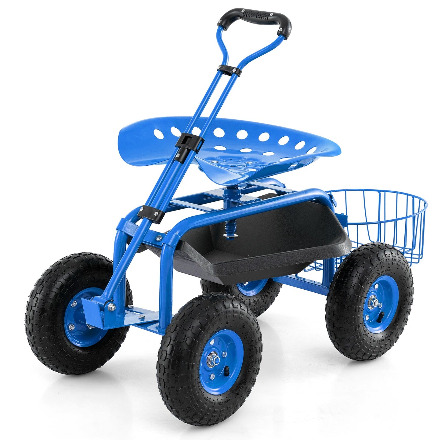 Carro de Jardín Resistente con Bandeja para Herramientas y Asiento Giratorio 360°-Azul