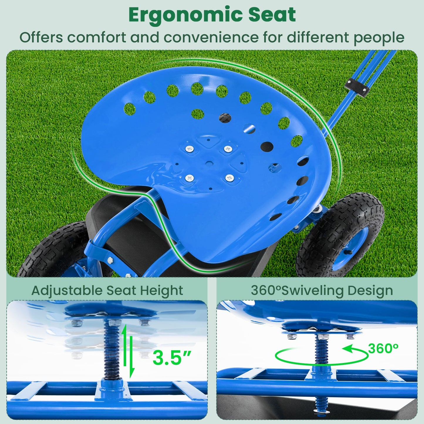 Carro de Jardín Resistente con Bandeja para Herramientas y Asiento Giratorio 360°-Azul