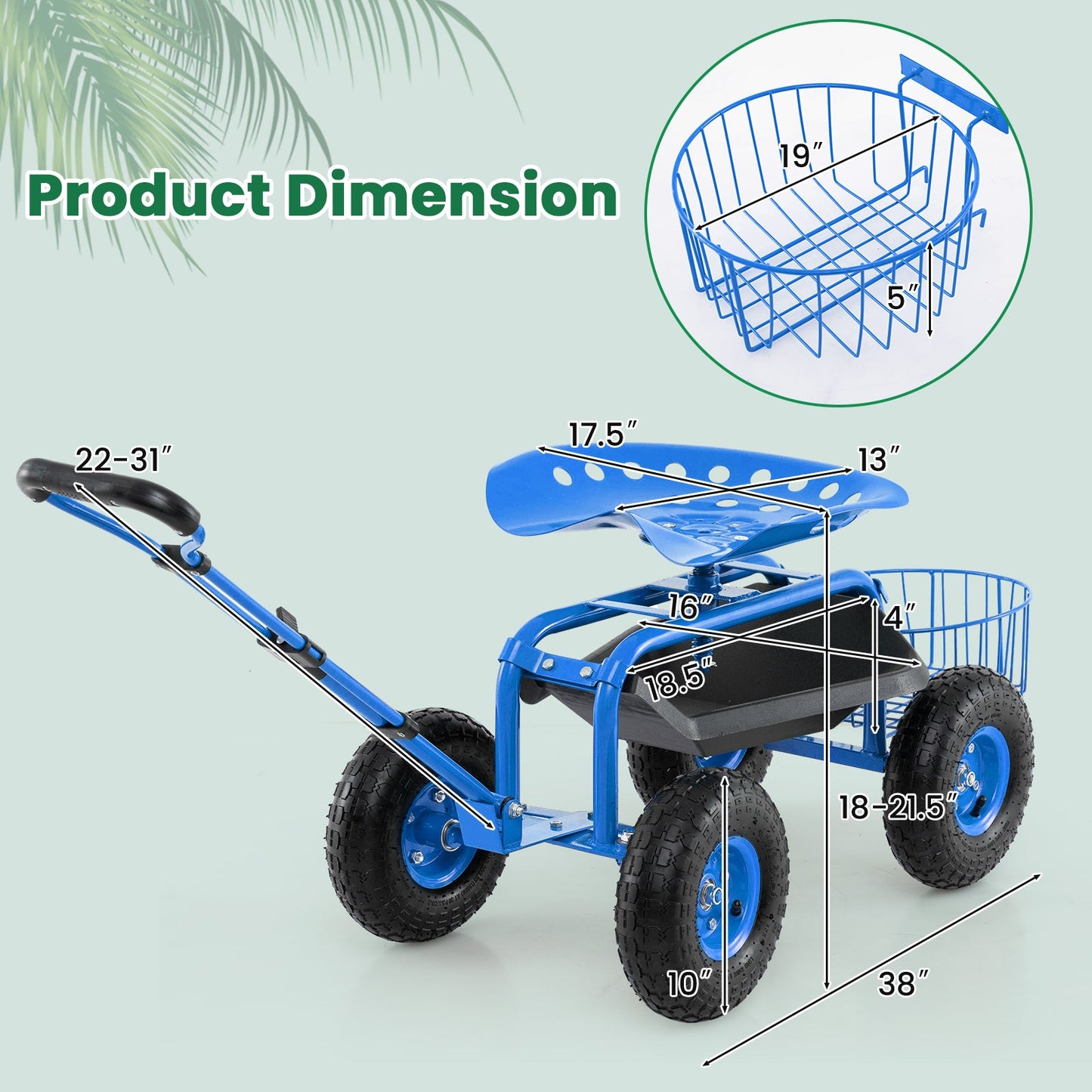 Carro de Jardín Resistente con Bandeja para Herramientas y Asiento Giratorio 360°-Azul