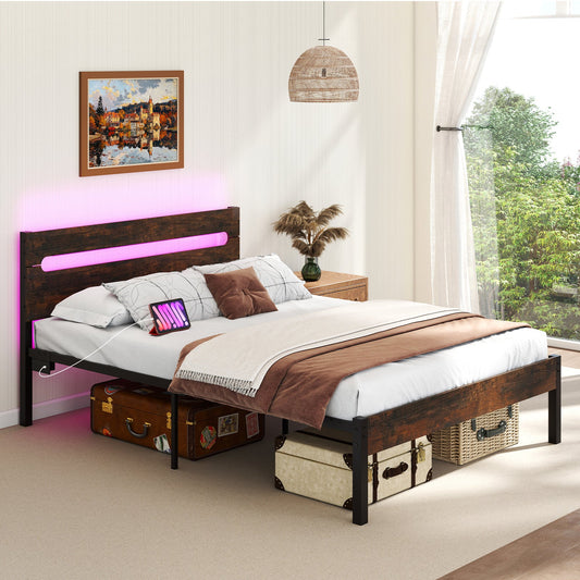 Heavy-Duty Metal Slats Support Bed Platform with Charging Station - Tampa Home & Garden Store