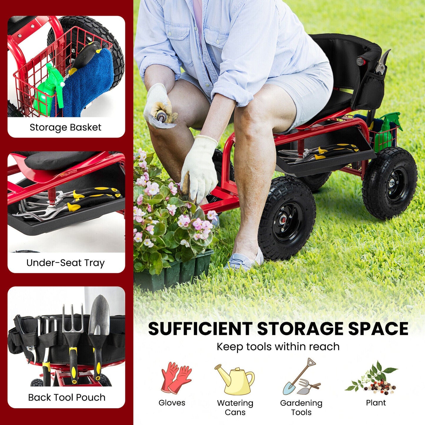 Carro de jardinería con ruedas, asiento acolchado, cesta de almacenamiento y bolsa de herramientas - Negro y Rojo