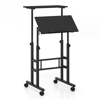 Mesa de pie móvil para portátil con altura ajustable, tablero dividido y ganchos para colgar - Blanca
