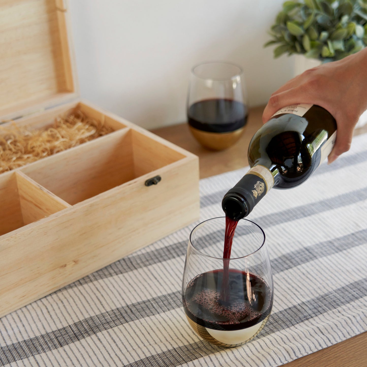 Wooden Wine Gift Box with Two Stemless Glasses